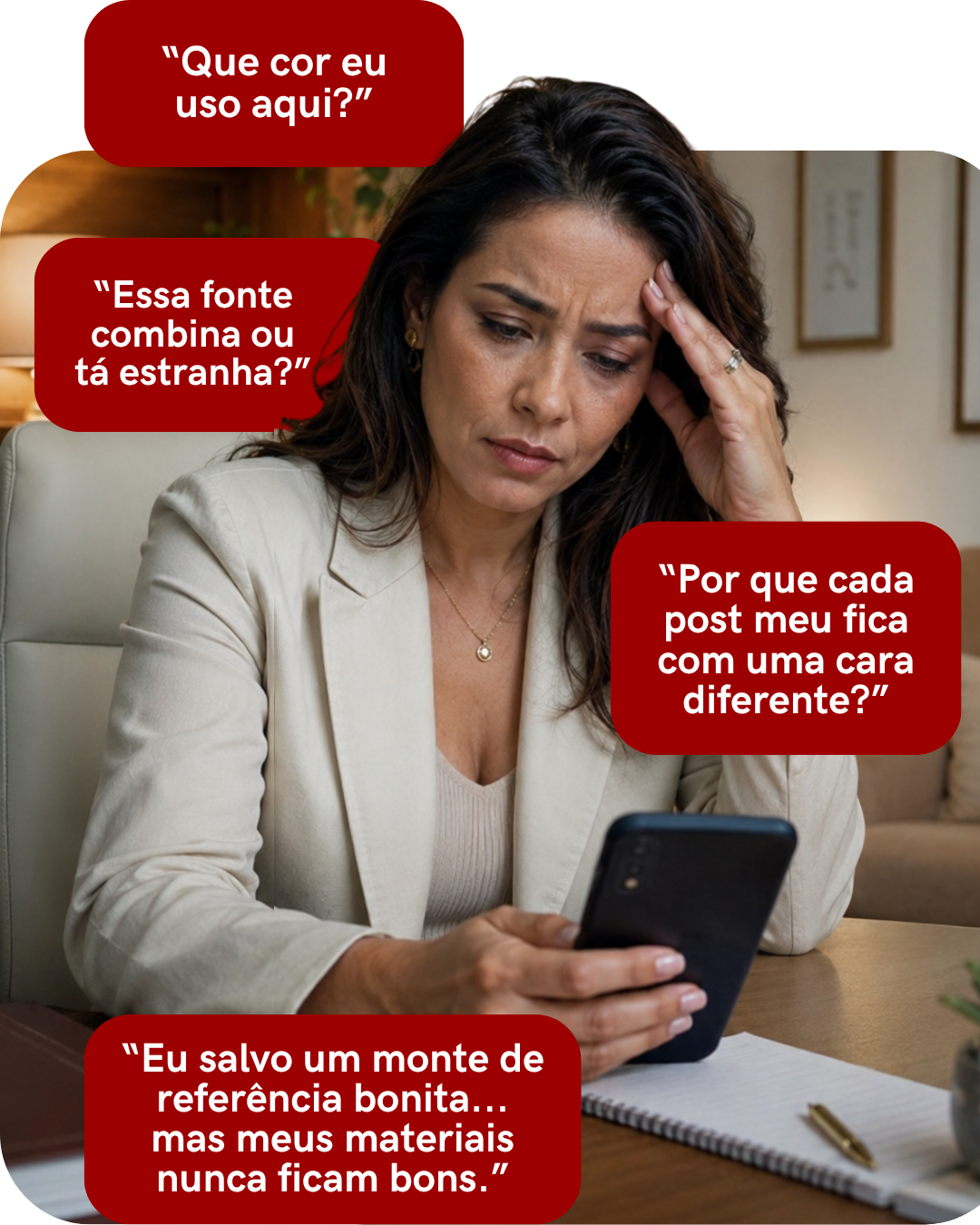 Mulher preocupada olhando o celular com balões de pensamento sobre dúvidas visuais da marca