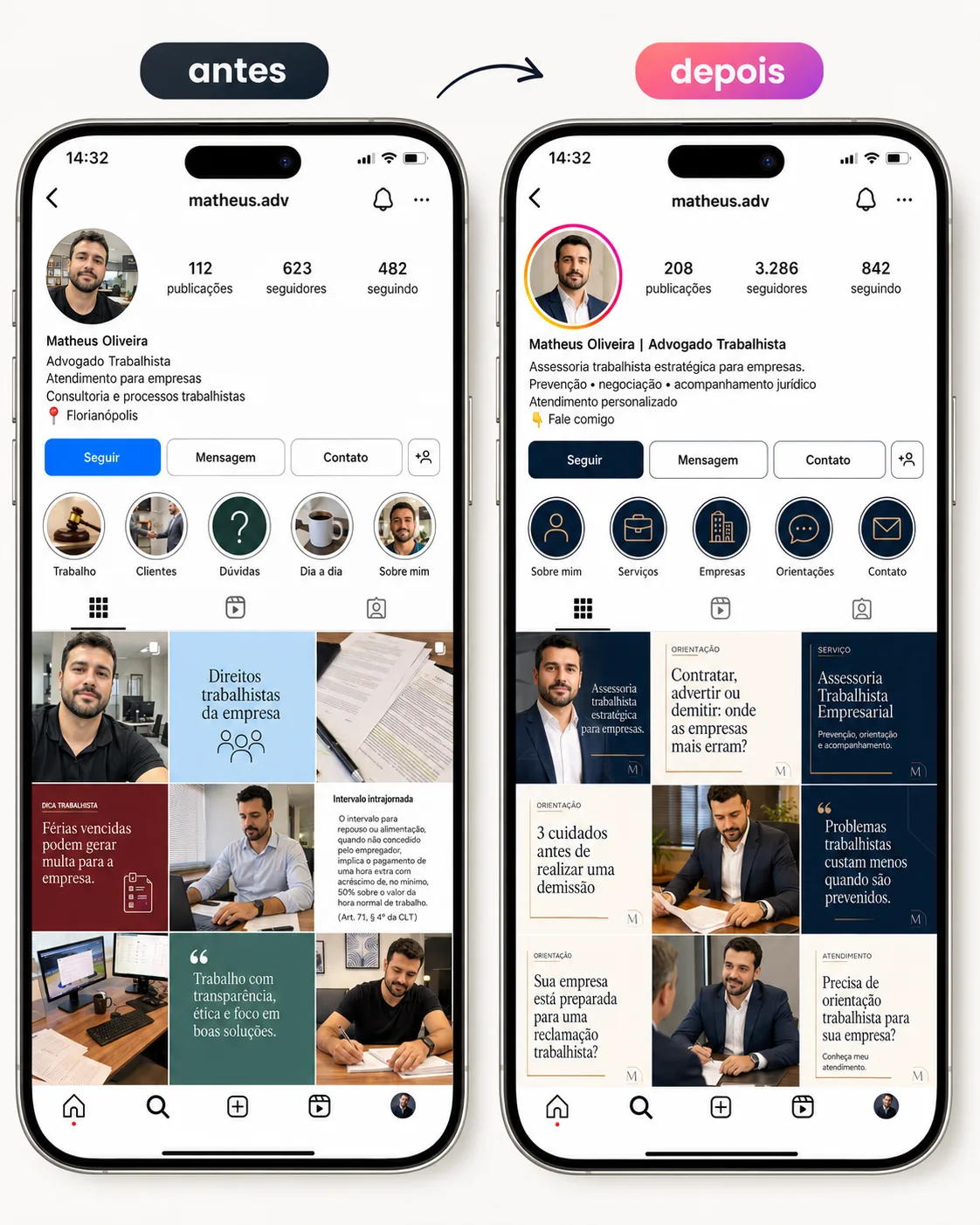 Antes e depois: perfil de Instagram de advogado redesenhado com identidade visual profissional