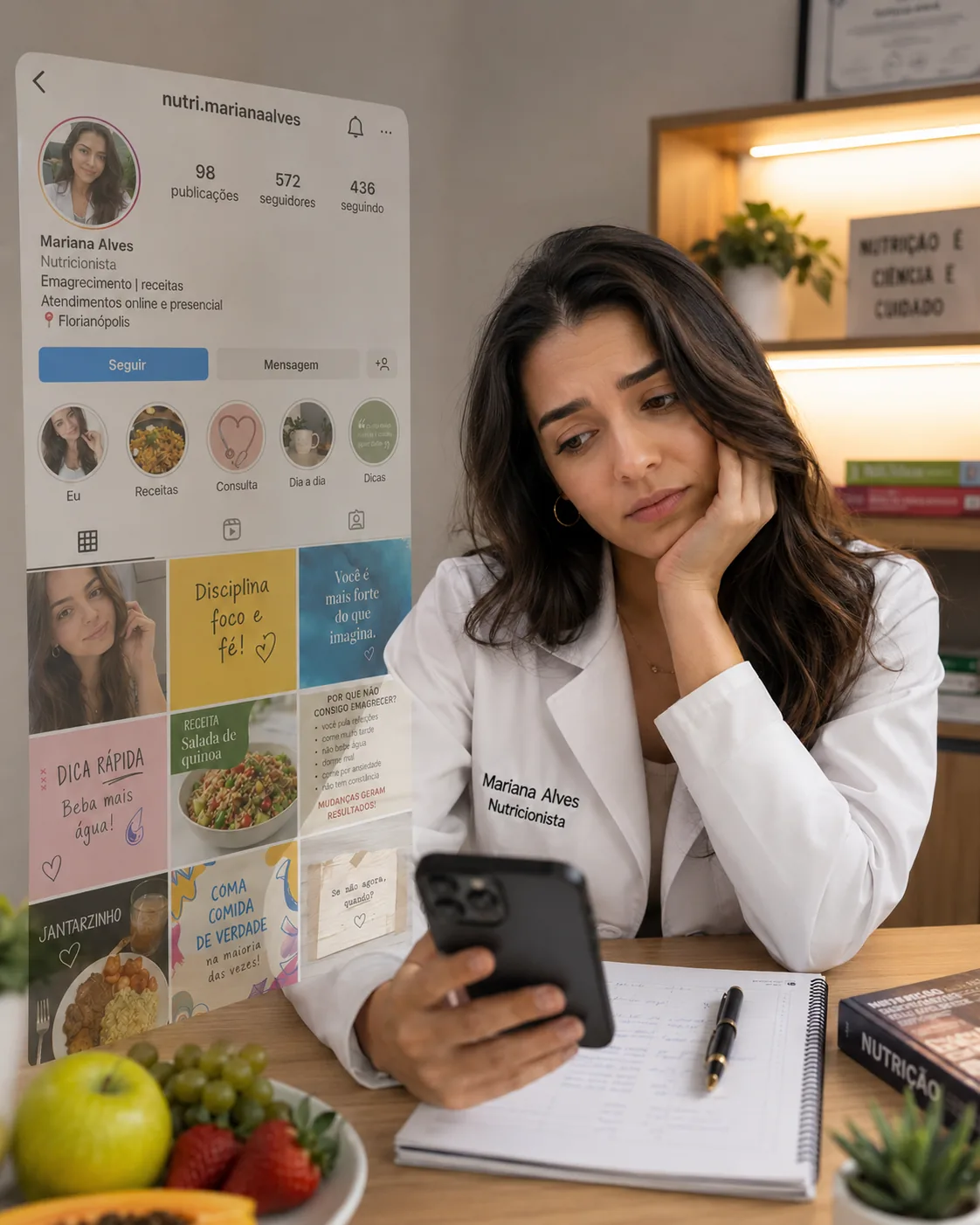 Antes: nutricionista desanimada com perfil de Instagram desorganizado e sem identidade visual definida