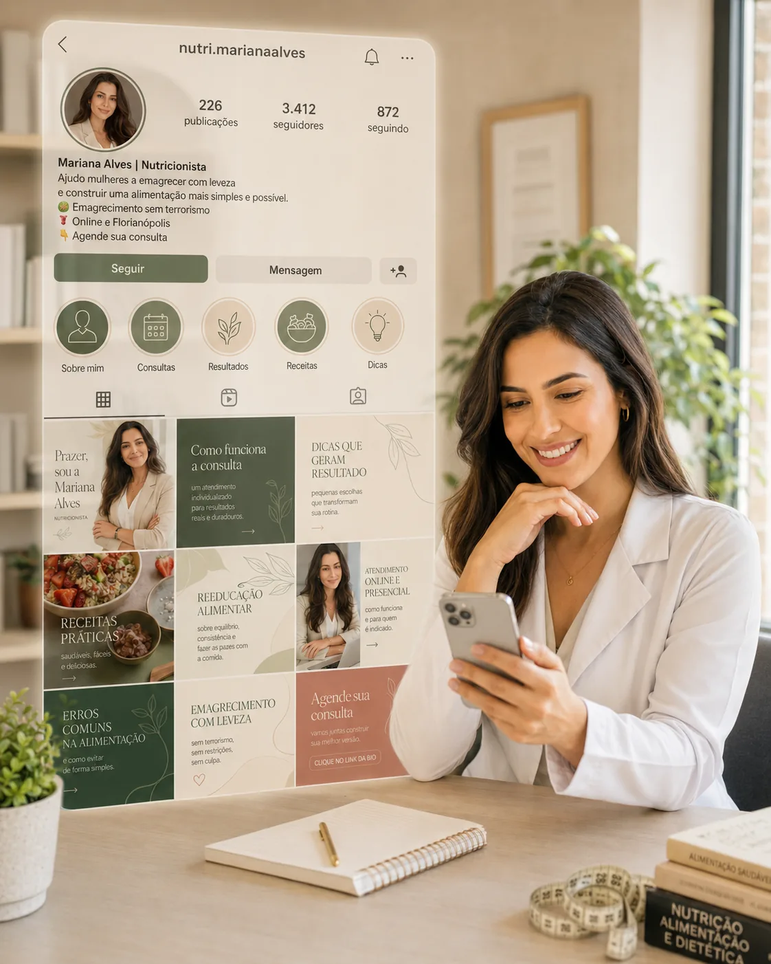 Depois: nutricionista feliz com perfil de Instagram organizado e identidade visual profissional