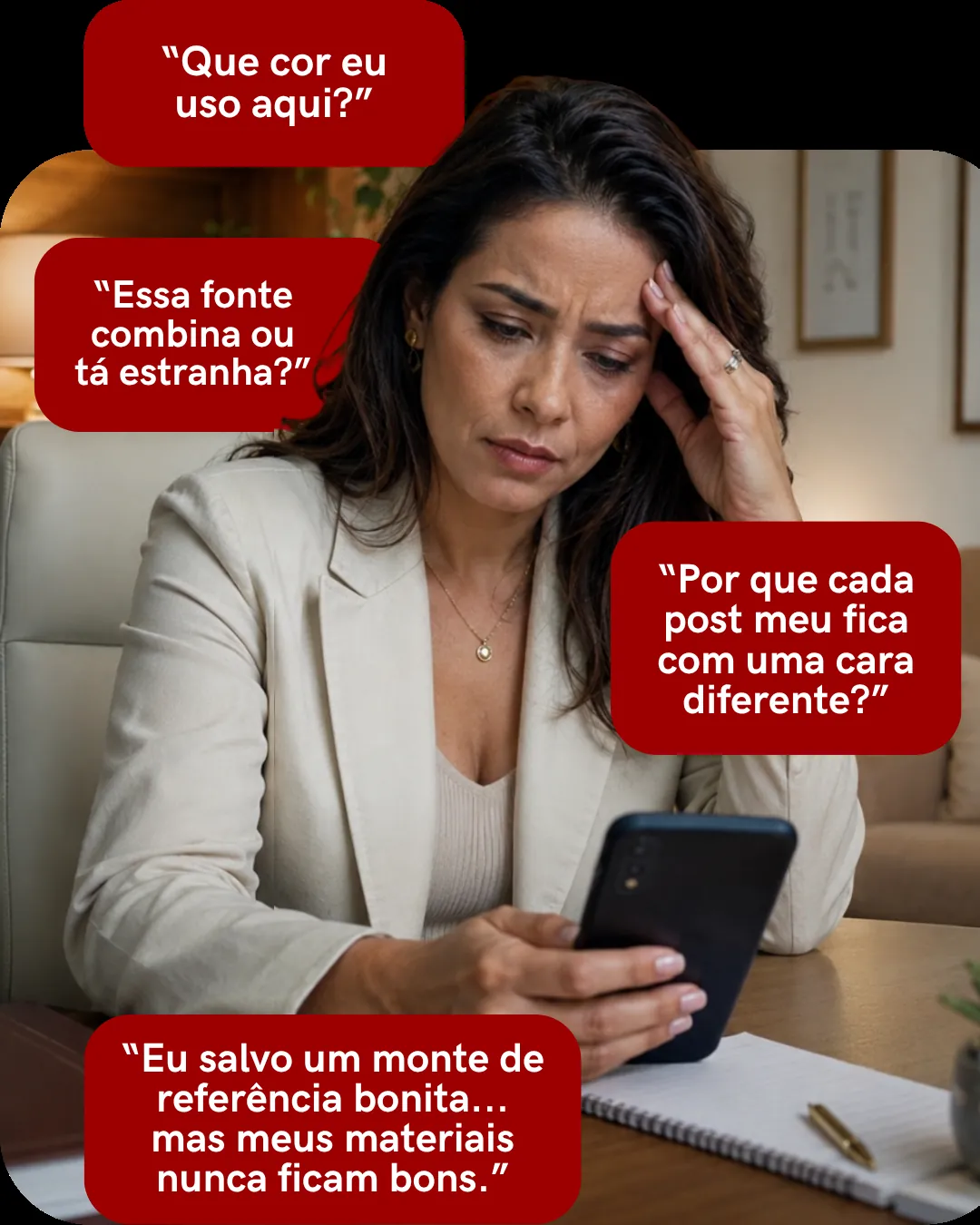 Mulher preocupada olhando o celular com balões de pensamento sobre dúvidas visuais da marca