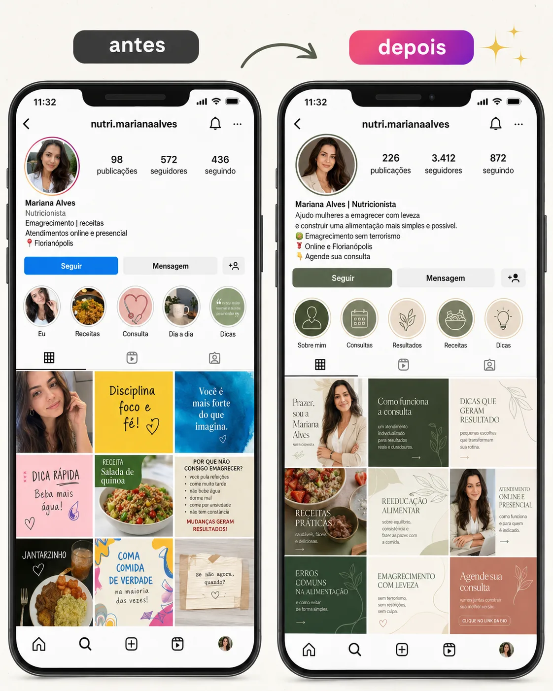 Antes e depois: perfil de Instagram de nutricionista redesenhado com identidade visual profissional